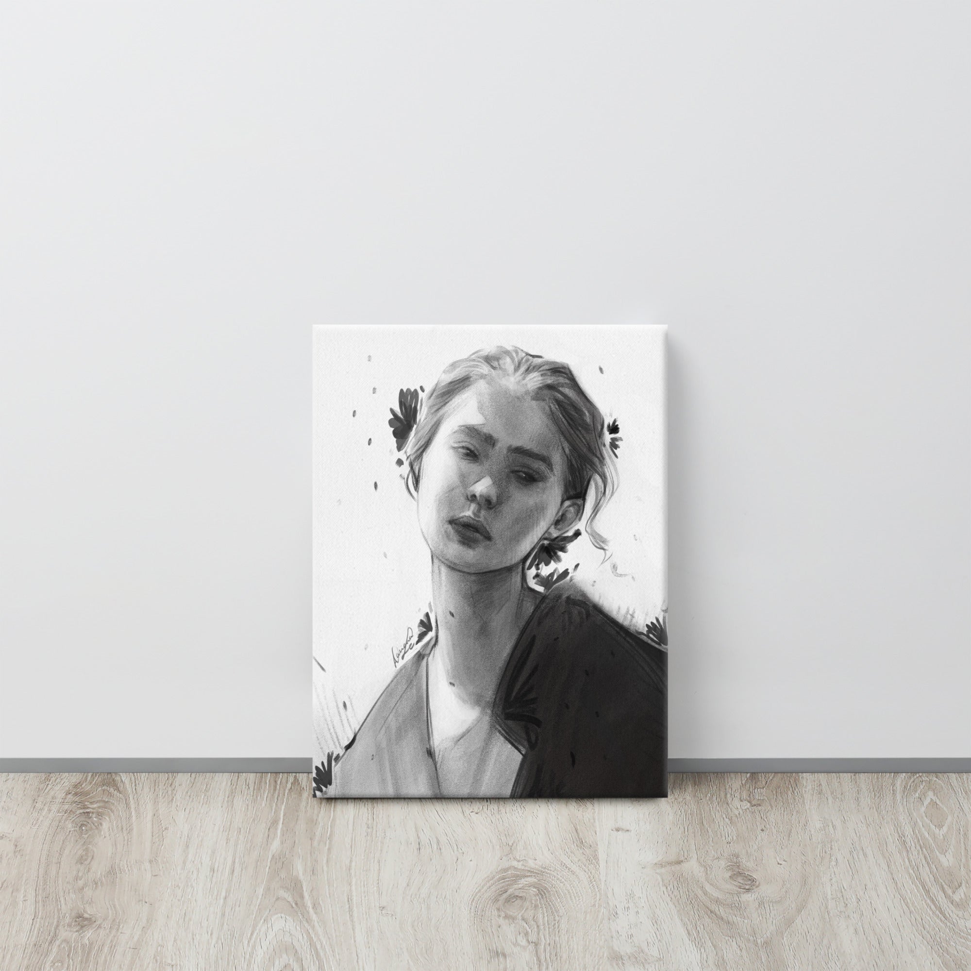 Silent Bloom | Black & White Portrait Canvas | 12×16 - Daliana Leon Art