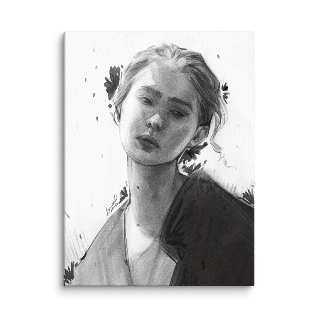 Silent Bloom | Black & White Portrait Canvas | 12×16 - Daliana Leon Art